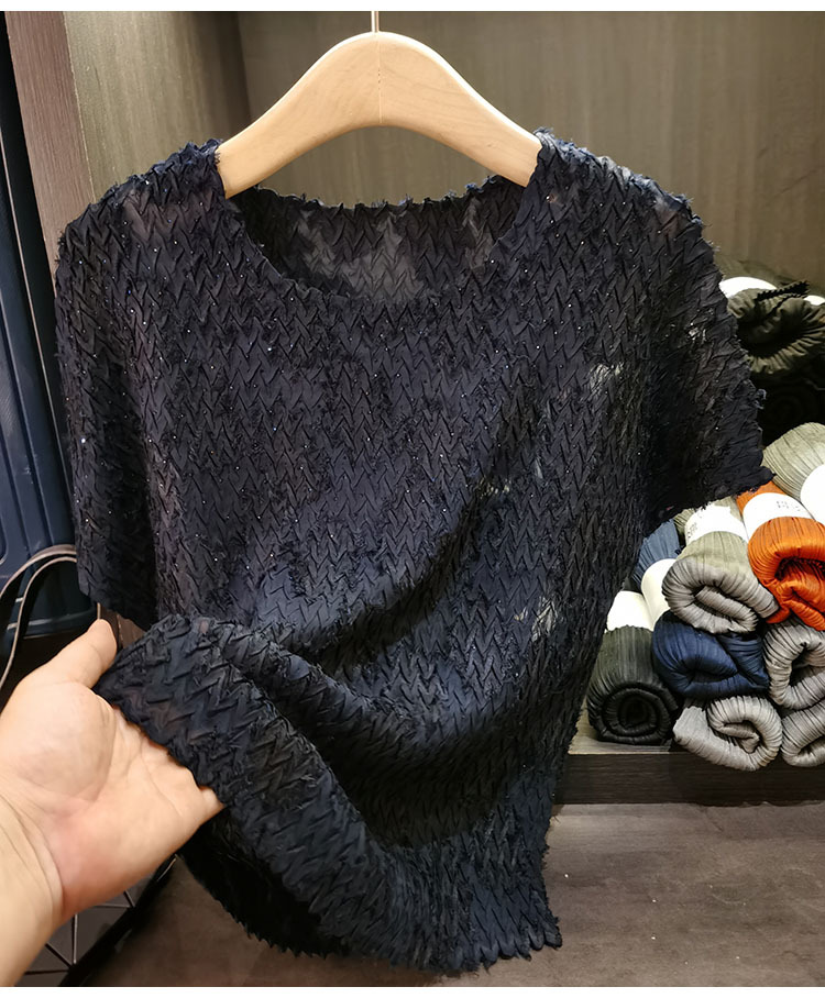 Áo thun cổ tròn dáng rộng tay ngắn xếp ly bèo nhún mùa hè — Màu đen, Màu xanh navy, Màu đỏ hoa hồng, Màu trắng chi tiết 10