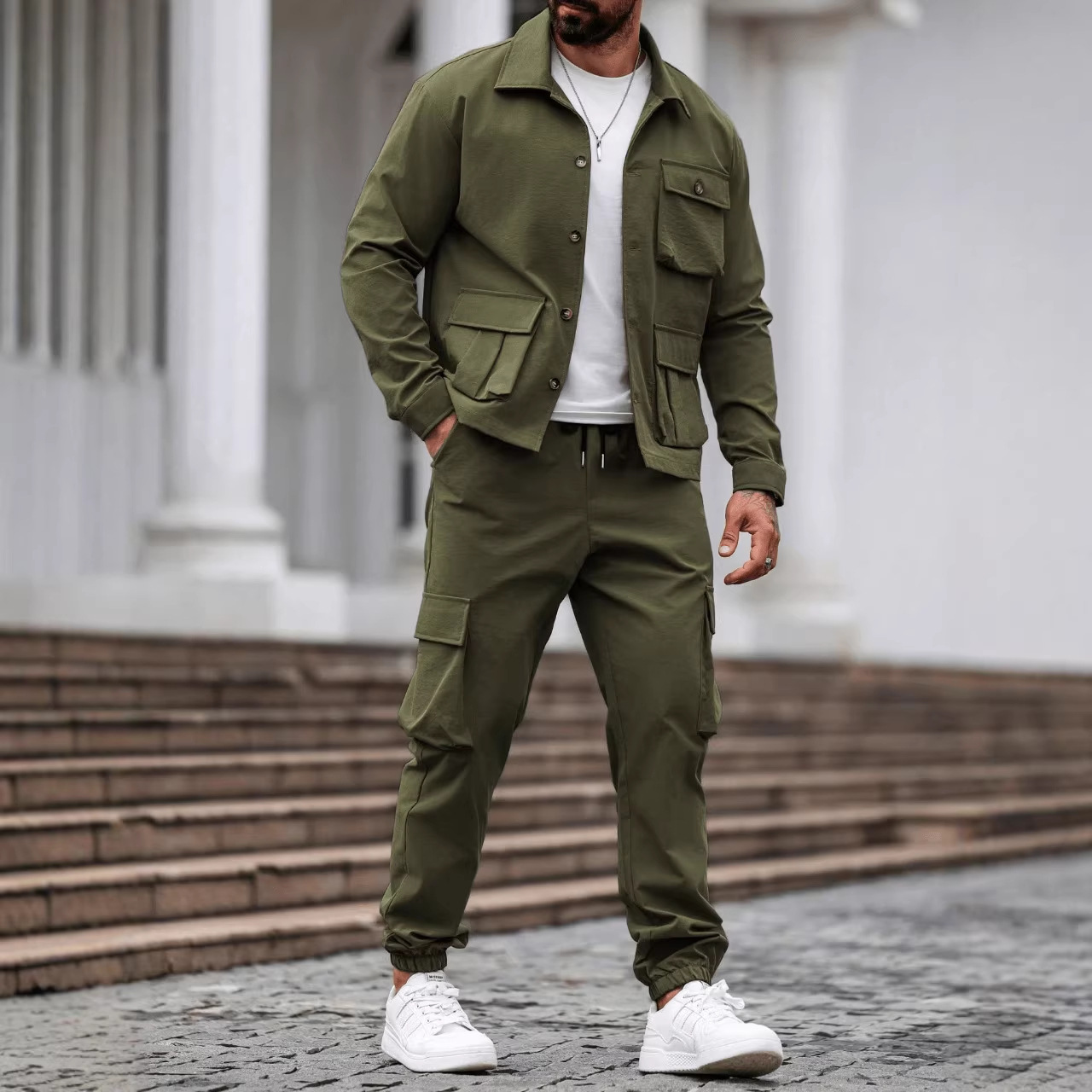 Chaqueta de trabajo de bolsillo para hombre primavera y otoño casual versátil Amazon AliExpress tendencia transfronteriza dos piezas