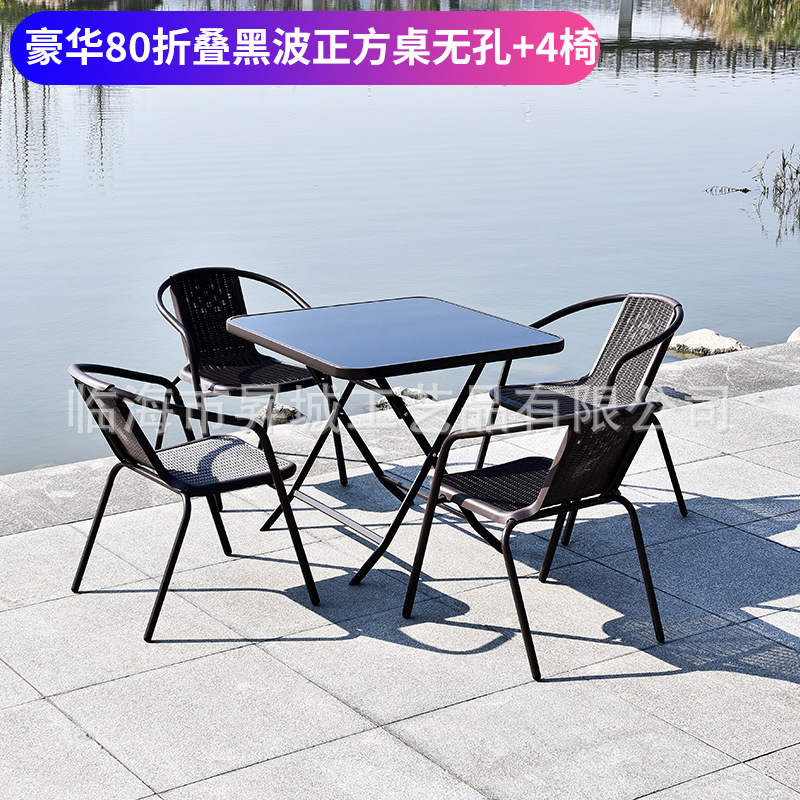 고급스러운 20% off 스택 블랙 웨이브 스퀘어 테이블 구멍 없음 + 의자 4개