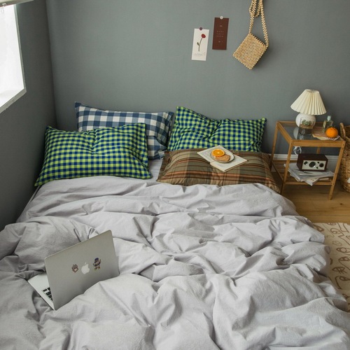 Ins style solid color washed cotton 100% cotton quilt cover sheet and fitted sheet single product Four seasons pure cotton single piece bedding