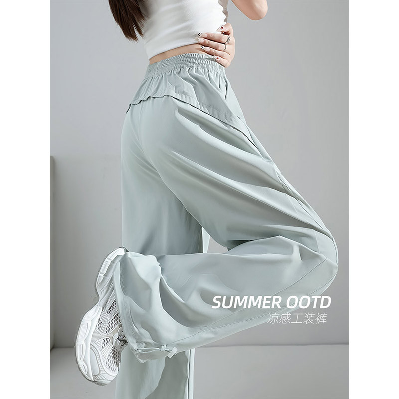 Extra Long Quick-Drying Wide-Leg Sports Pants for Women 2025 Summer Thin Leg-Tie Sports Hiking Pants Overalls Straight Casual Pants
