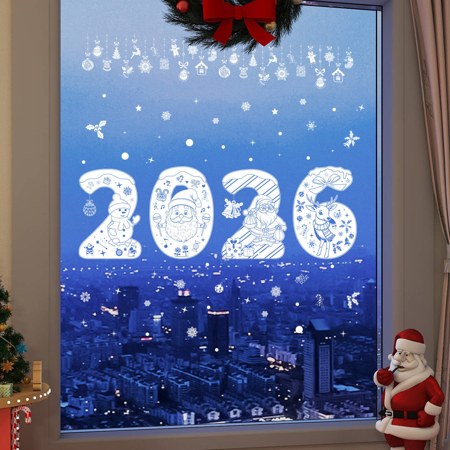2026 Decoration Reindeer Static Cling Cross-Border White Snowflake Christmas Party Window Sticker Customization_voghion.com