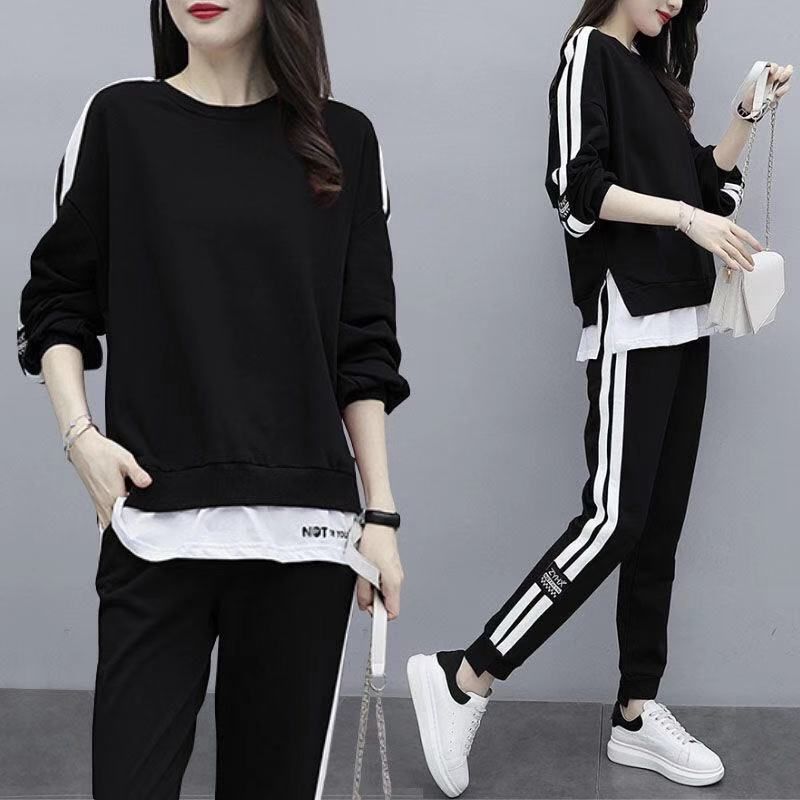 Spring and Autumn Trendy New Plus-Size Ins Fashion Casual Sports Suit Women's Sweatshirt and Pants Fashion Two-Piece Loose Set