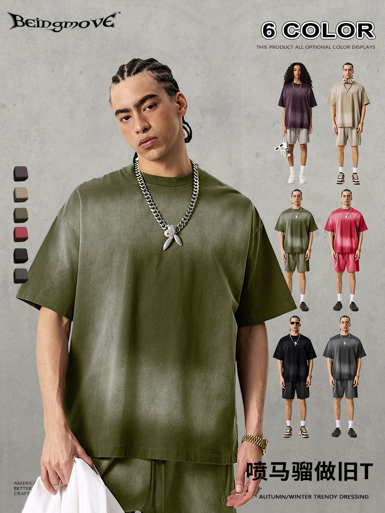 2025 verano nueva marca de moda americana en la calle alta lavado cuello redondo manga corta t suelta camiseta roja de manga corta hombre