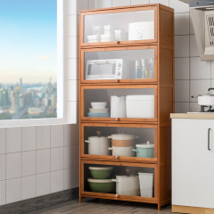 Kitchen supplies microwave oven rack floor-standing bamboo multi-function with door for pots, dishes and condiments solid wood cabinet bookshelf