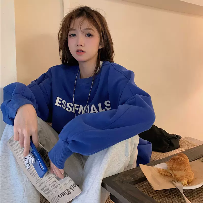 加绒新款韩国慵懒BF风卫衣绒衫女生2025秋冬字母圆领外套加厚上衣