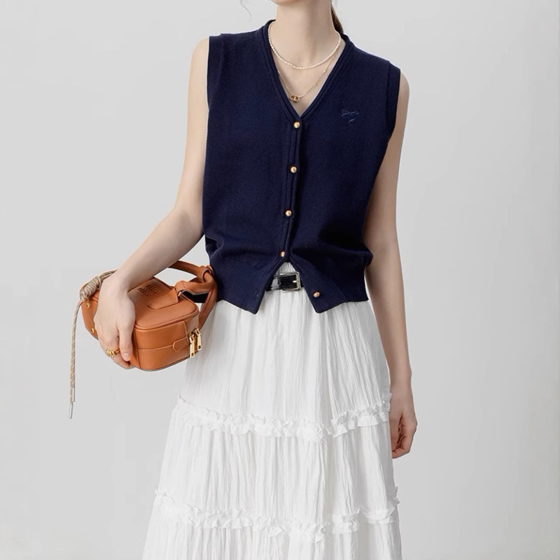 French Intellectuals Retro Grey V-Neck Knitted Vest Vest Spring and Summer Short Cardigan Top