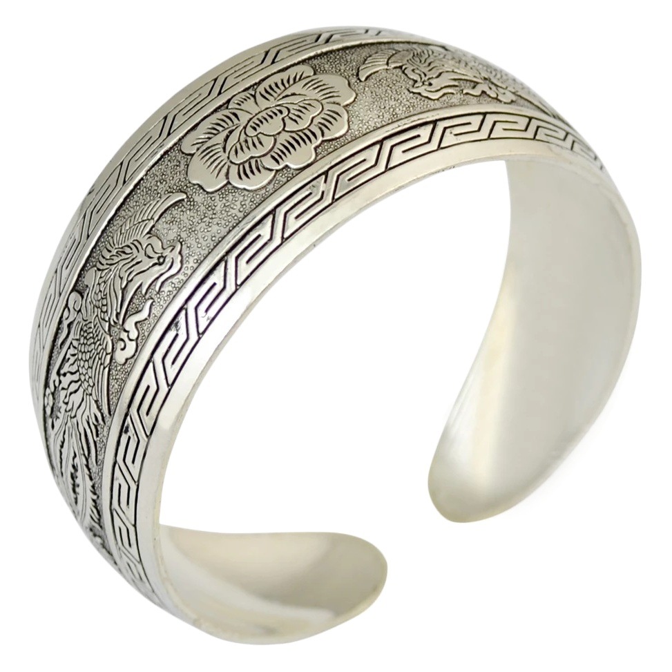 Moda pulsera plateada estilo étnico retro europeo y americano tallado abierto pulsera de superficie ancha versión ultra ancha completa tallada pulsera antigua