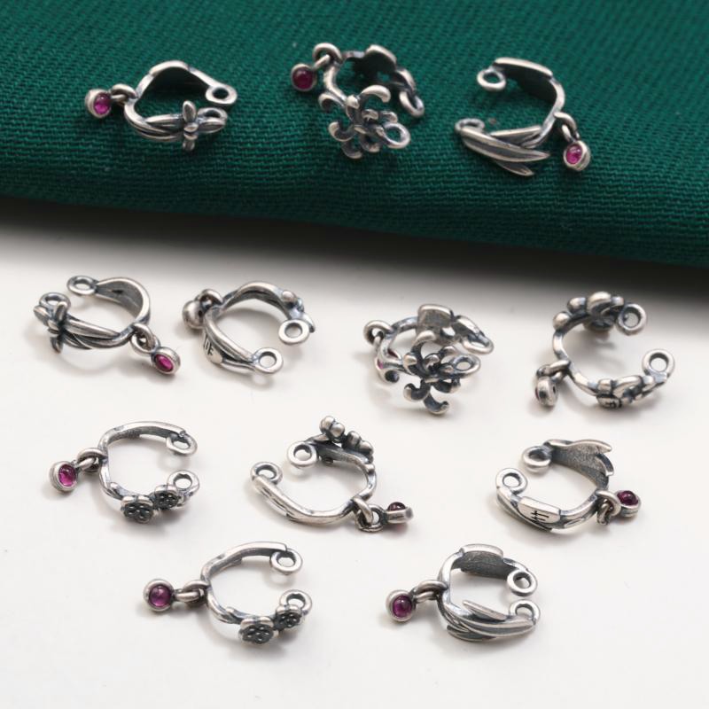 S925 Sterling Silver Bamboo Orchid Plum Chrysanthemum Flower Clip Pendant Accessories Vintage Old Ink Black Earrings Key Button