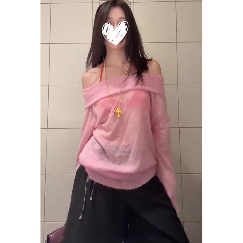 2025秋季新款甜美软糯多巴胺露肩长袖套头针织衫毛衣女小个子上衣|undefined