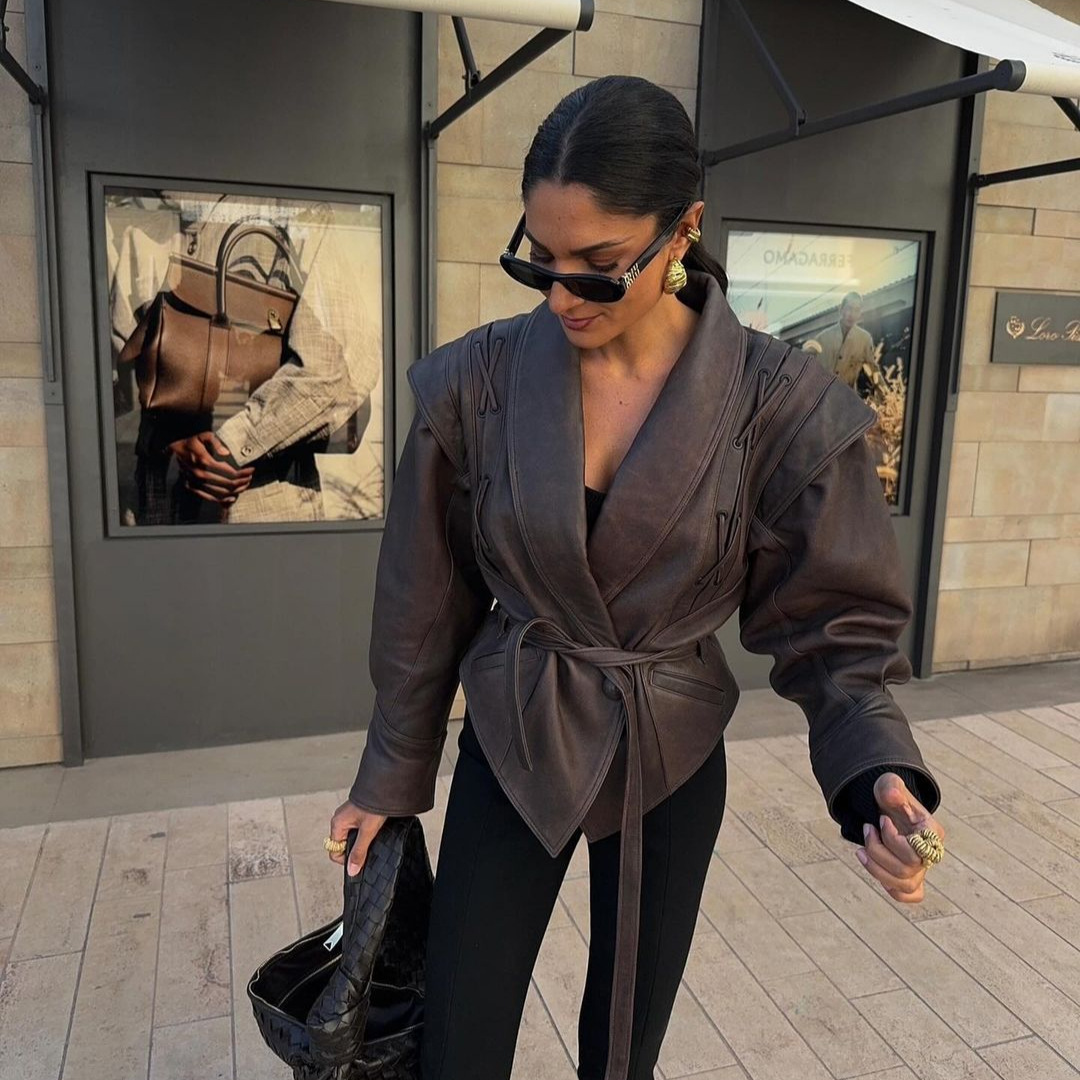 실제 사진-패셔너블한 라펠 레이스업 긴팔 재킷 2025 가을/겨울 크로스보더 여성 스트리트 스타일 개성 있는 재킷