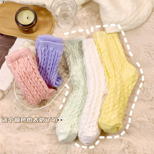 Soft waxy non-slip twist plush socks for children autumn and winter Macaron color Japanese mid-tube socks fleece-lined cold-proof baby socks thick