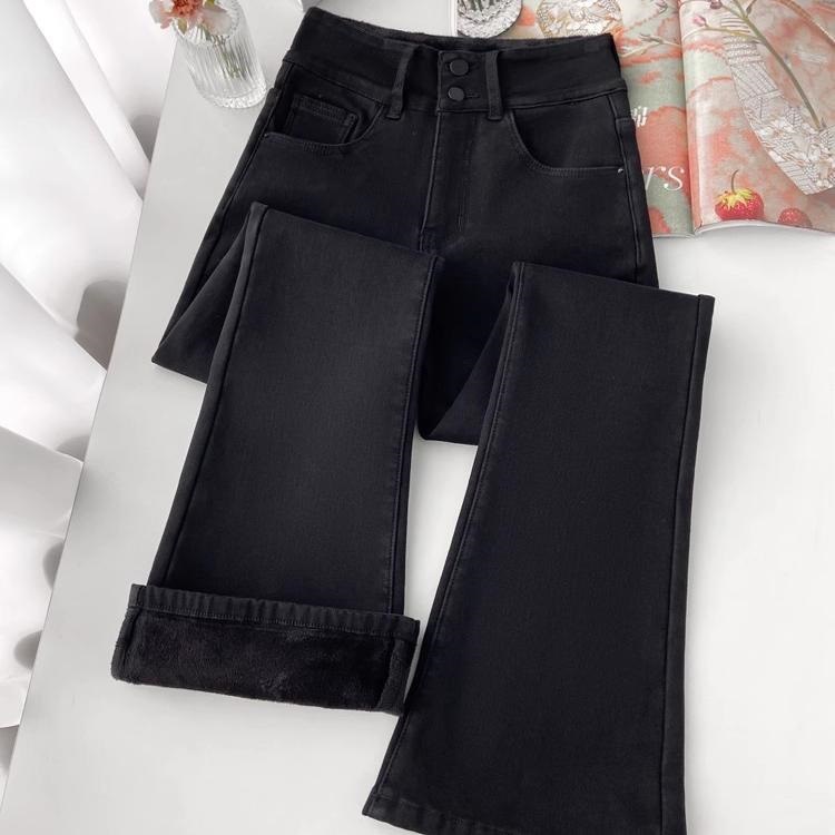 Black Fleece-Lined Thickened Flared Jeans for Women 2025 New High-Waisted Stretchy Slimming Extended Tall Flared Pants