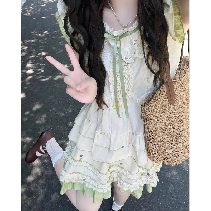 学院风小清新穿搭一整套女夏甜美花朵刺绣碎花连衣裙两件套小个子|undefined