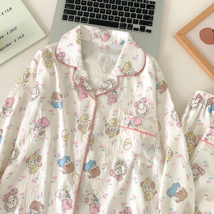 Venta al por mayor transfronteriza pantalones de manga larga de otoño pijamas mujeres nubes algodón dibujos animados coreanos dulce rojo rojo traje de cárdigan estilo ins