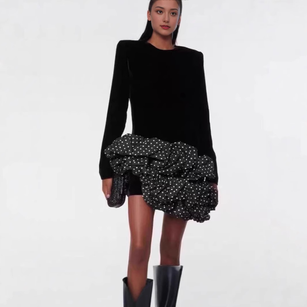 现货2024欧美跨境高端新款气质仿醋酸丝绒拼接修身显瘦包臀连衣裙