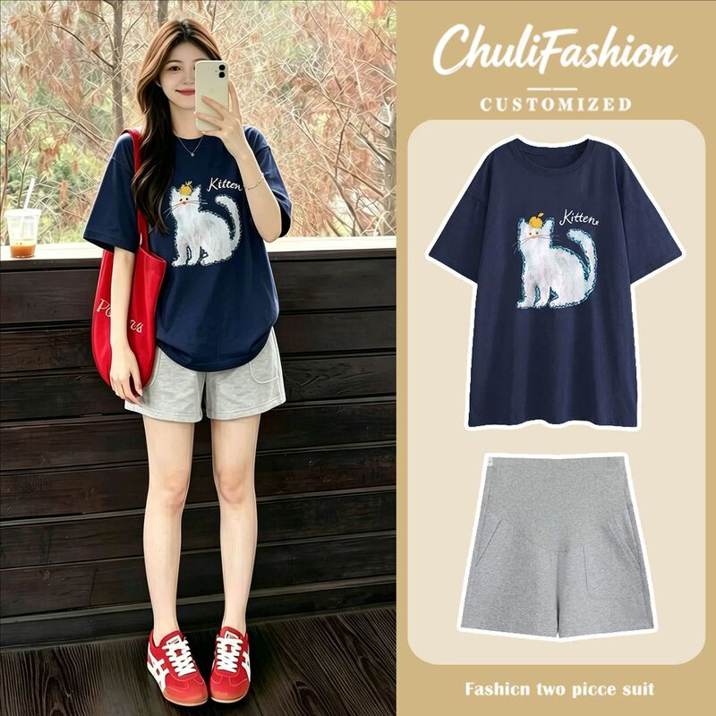 Maternity Wear Cute Cartoon Kitten Print T-Shirt Set 2026 Summer New Style Round Neck Loose Top Two-Piece Set Thin Maternity Wear Cute Cartoon Kitten Print T-Shirt Set 2026 Summer New Style Round Neck Loose Top Two-Piece Set Thin