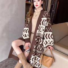 春秋冬新款韩版针织衫开衫毛衣女过膝宽松显瘦几何慵懒风长款外套
