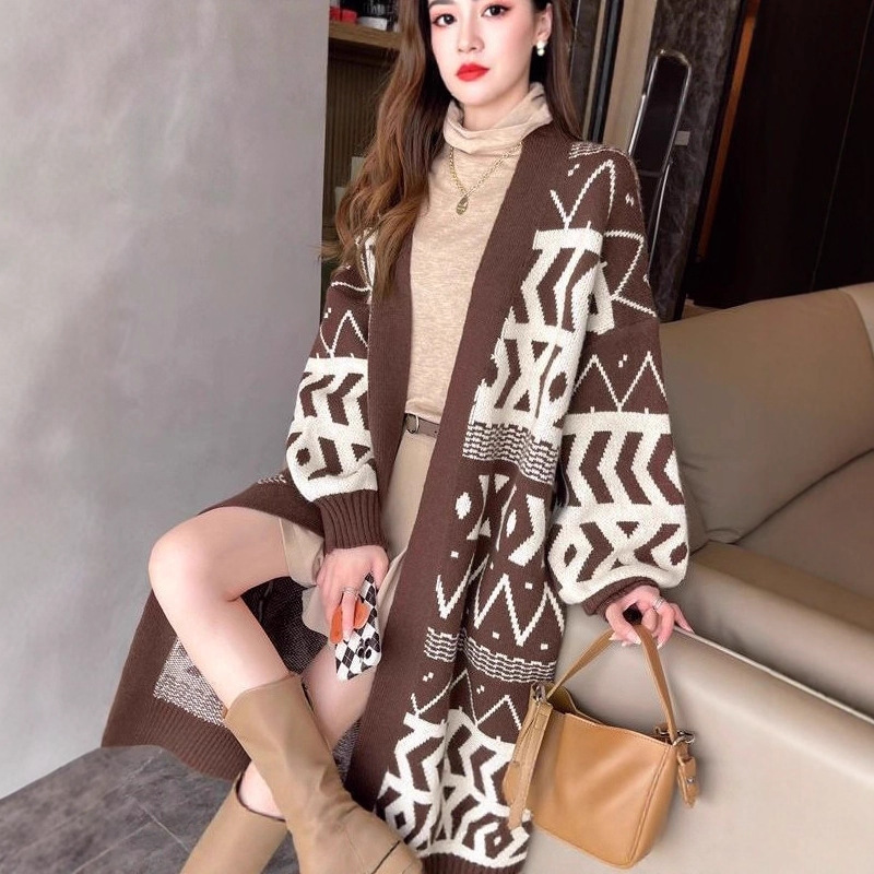 Spring, Autumn, and Winter New Korean-Style Knitted Cardigan Sweater for Women, Over-The-Knee Loose Fit, Slimming Geometric Lazy Style Long Coat