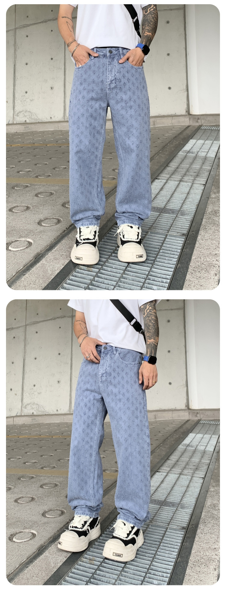 Herren Jeans Mit Jacquard Muster Weit Gerade Und Lässig Verwaschen_voghion.com