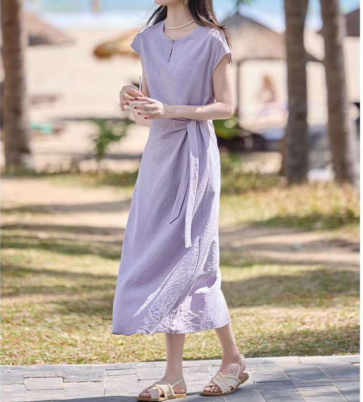 Đầm maxi nữ thắt eo tay ngắn dáng suông, thiết kế dây rút eo tôn dáng, phong cách Pháp thanh lịch mùa hè 2026 — Xanh tím chi tiết 2
