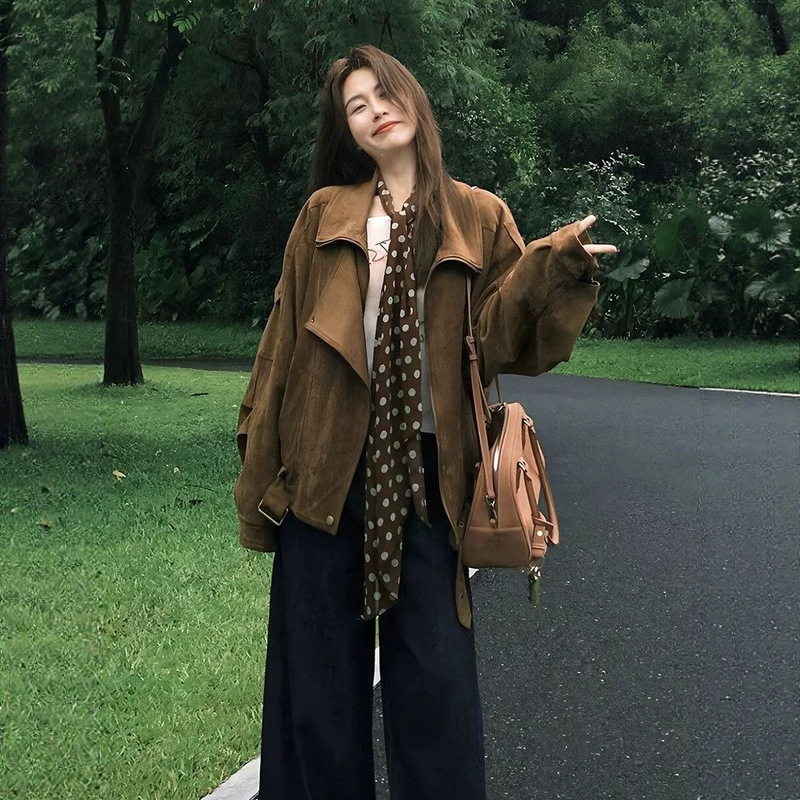 Retro Maillard casual loose-fitting relaxed lapel silhouette jacket for women, 2026 autumn suede biker coat
