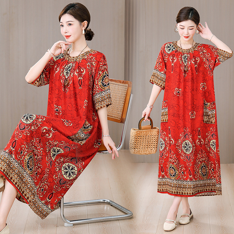 Cross-Border Foreign Trade European and American Women's Clothing Cotton Silk Dress Plus Size Loose-Fitting Mom-Style Printed Short-Sleeve Over-The-Knee Long Dress Cross-Border Foreign Trade European and American Women's Clothing Cotton Silk Dress Plus Size Loose-Fitting Mom-Style Printed Short-Sleeve Over-The-Knee Long Dress