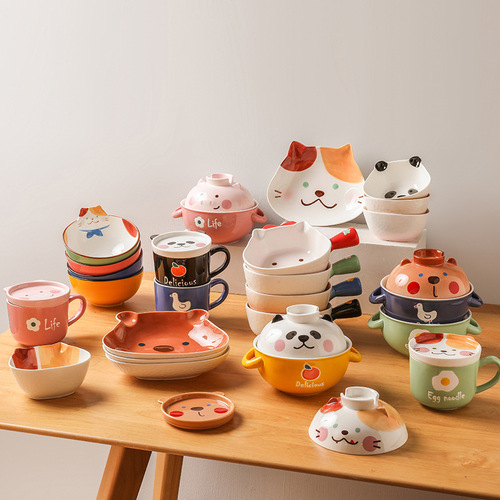 Wholesale set of cute cartoon ceramic salad bowls with underglaze fruit and rice bowl salad bowl combination tableware
