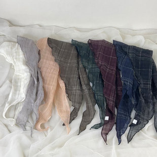New Japanese Style Thin high quality Pure Linen Triangle Scarf Vintage Plaid Headscarf Women's Neck Protection Sunscreen Decorative Scarf