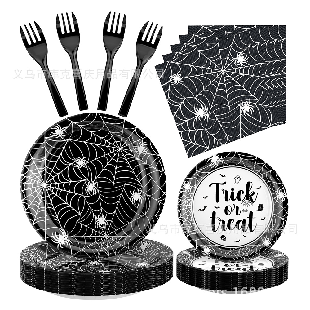 Decoración de fiesta de Halloween transfronteriza tela de araña bandeja de papel desechable taza de papel tabla set de decoración de bandera