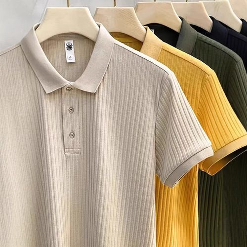 Men's Summer Striped Lace Knit Breathable Ice Silk T-shirt, Versatile Color, Comfortable Polo Shirt, Men's Base Shirt