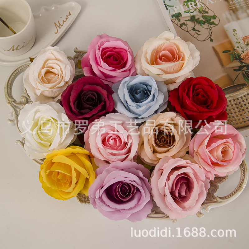 跨境现货供应婚庆玫瑰花头单支仿真玫瑰花束毛布仿真玫瑰大花朵