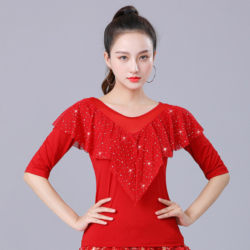 Latin dance clothing square dance clothing spring and summer new short-sleeved top performance clothing modern dance ballroom dance practice clothing for women