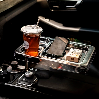 PC transparent car-mounted small table, tray for dining in the car for the driver and passenger, expandable storage rack for the center console, can be moved (Car table board) - transparent