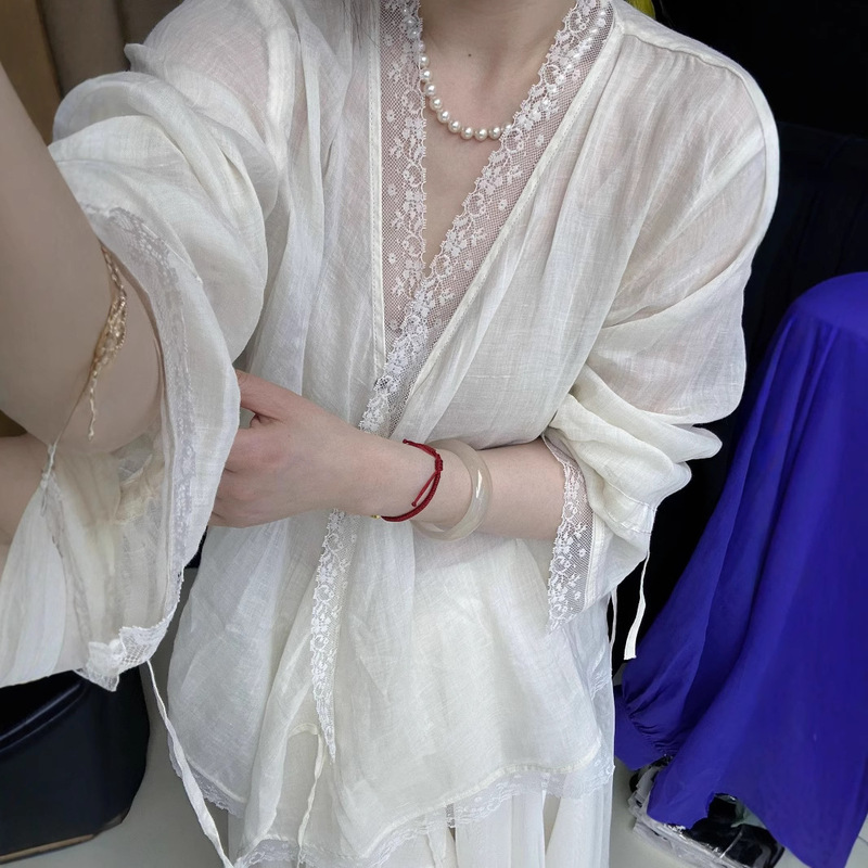 Long Sleeve Loose Thin Ramie Stitching Lace Minimalist Cool Temperament Slimming High-end Cross Shirt for Women Long Sleeve Loose Thin Ramie Stitching Lace Minimalist Cool Temperament Slimming High-end Cross Shirt for Women