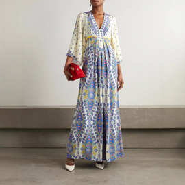 跨境外贸独立站2025新款夏季宽松大码定位数码印花V领长裙连衣裙
