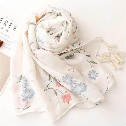 Elegant and fresh cotton and linen feel scarf for women, white small flower floral print decoration, handmade tassel gauze shawl
