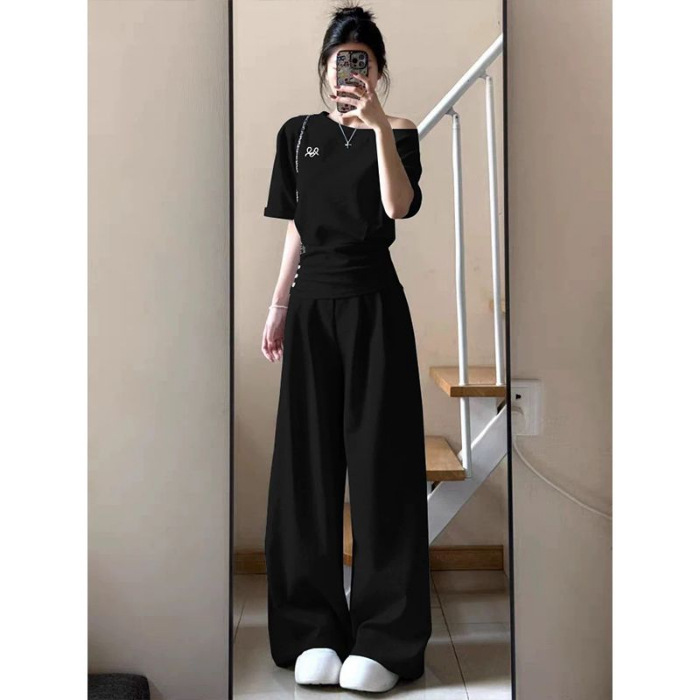 运动套装女夏季韩版宽松显瘦时尚盐系百搭短袖长裤休闲两件套#913|undefined
