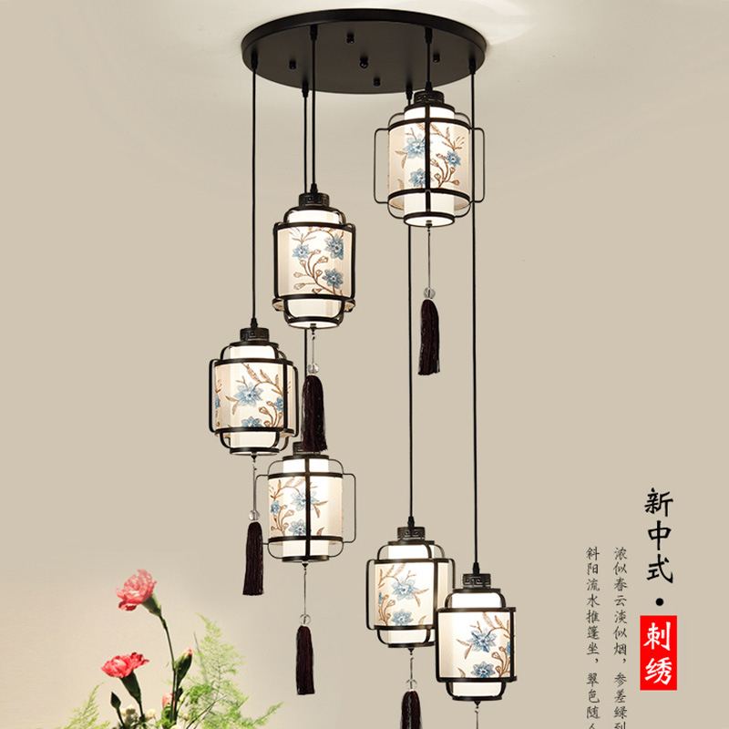 新中式楼梯间吊灯简约餐厅灯三头6头复式楼茶室刺绣梅花仿古灯饰