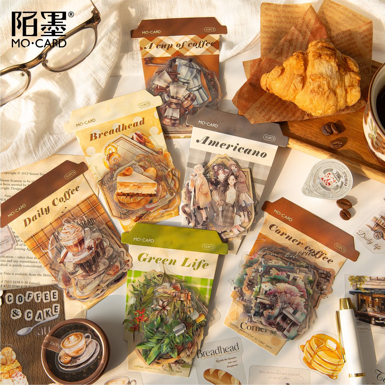 Boleto de pegatina de tinta blanca Mo Mo PET, taza de café, serie de tiempo, etiqueta decorativa de bricolaje de cuenta de sal retro ligera