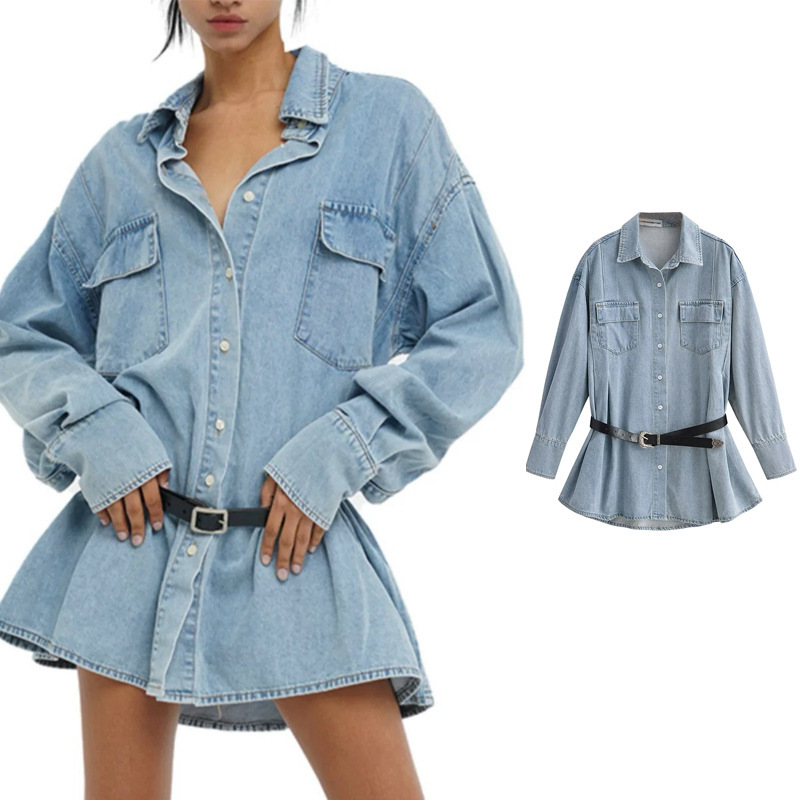 American Retro Blue Old Denim Waist Shirt Dress Women 24 Early Autumn New Slim Long Sleeve Shirt dress