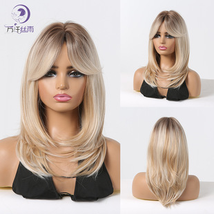 Cross-border Europe and the United States 22inch ladies long curly hair eight bangs dyed gradient brown yellow wig manufacturers wholesale