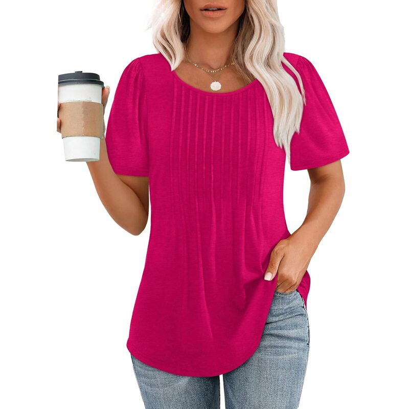 2025 アマゾン貿易ルーズヨーロッパとアメリカの新しいスタイルのプリーツラウンドネック半袖 Tシャツレディーストップストリップ無地婦人服|undefined