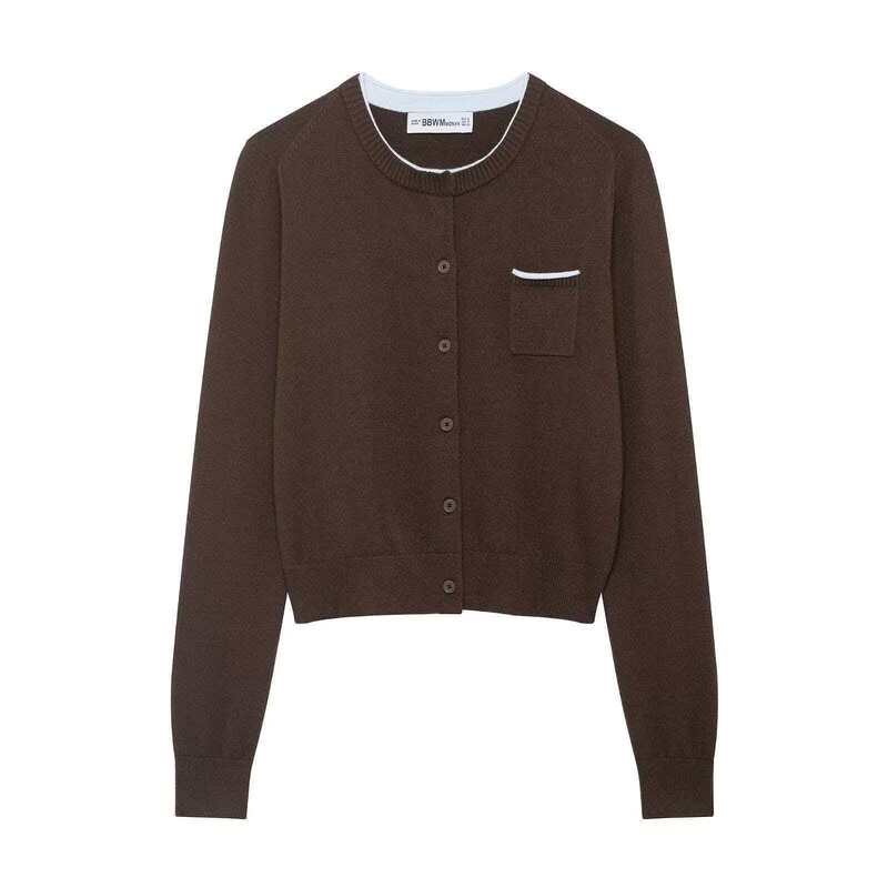 Za Cross-Border European and American Foreign Trade Women's Clothing Aliexpress Hot-Selling Spring Simple Versatile Dark Brown Round Neck Knitted Cardigan Za Cross-Border European and American Foreign Trade Women's Clothing Aliexpress Hot-Selling Spring Simple Versatile Dark Brown Round Neck Knitted Cardigan