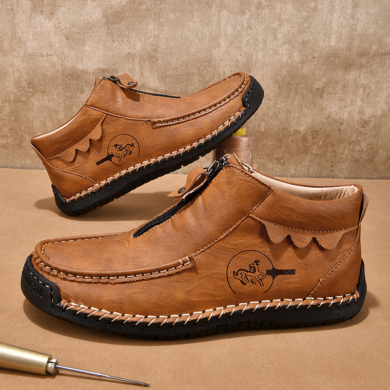 Men's Mid-top Leather Boots, Stylish Hand-stitched Marten Boots_voghion.com