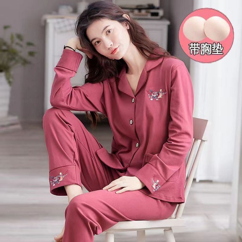 秋天100%纯棉睡衣女春秋款带胸垫防凸点长袖长裤可外穿家居服