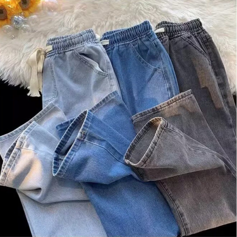 日系松紧腰牛仔裤男夏季薄款直筒宽松潮牌高街阔腿裤春秋休闲长裤