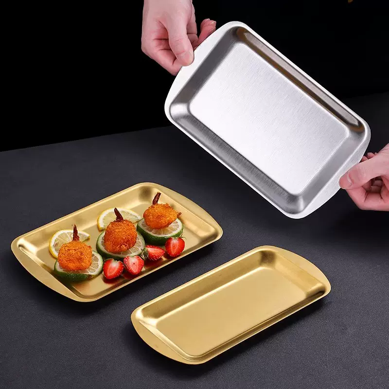 韩式304不锈钢盘子 金色烤肉盘方碟寿司糕点平底托盘韩国料理餐具