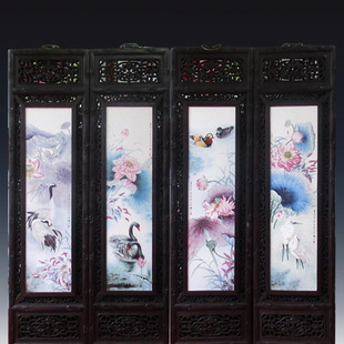 Jingdezhen Ceramic Porcelain Board Painting Chinese Antique Four-screen Hanging Painting Hand-painted Plant Flower Restaurant Decorative Painting