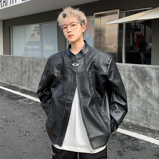 American Style Motorcycle Leather Jacket Men's Autumn and Winter High-street Puppies Handsome Short Vertical Collar Jacket High-end Shoulder Pad Leather Clothes